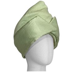 Custom Made Suzanne Couture Millinery NY Spring/Summer Celadon Quilted Silk Toque / Turban: Folded, slightly padded, peaked at top. Organza lining. US size 7 1/8. Please visit our 1Dibs Store for many more options from this same collection which belonged to an exacting collector who loved French Haute Couture clothing and hats, particularly dramatic turbans and styles made of the highest quality silks, brocades, lame fabrics and straws. The collection range from the late 1970s to the mid 2000s. French Haute Couture, Lame Fabric, Love French, Couture Outfits, Church Hats, Head Hair, Turbans, Hair Ornaments, Primavera Estate