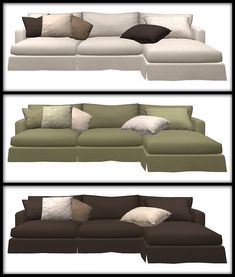 three different types of couches with pillows on each one and the same color scheme