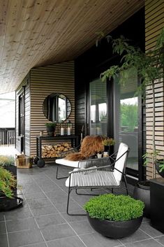 a black and white patio with potted plants