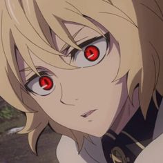 an anime character with red eyes and blonde hair looking at the camera while staring into the distance