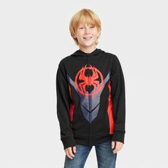 Help your aspiring superhero cosplay Miles Morales in style with the Spider-Man: Miles Morales Cosplay Sweatshirt. This hooded cosplay sweatshirt features an illustration of the Spider-Man logo for added fun. Made with soft fabric, this midweight sweatshirt offers warmth and coziness when the weather turns cooler. Plus, the side pockets help keep their hands warm, while the front full-length zipper helps them wear it either open or closed. Miles Morales Mask, Miles Morales Cosplay, Spiderman Hoodie, Spider Man Miles, Spider Man Miles Morales, Superhero Cosplay, Boys Fleece, Man Logo, Miles Morales