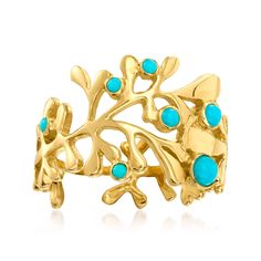 PRICES MAY VARY. 18kt yellow gold over sterling silver, stabilized turquoise ring for women. Stabilized turquoise. 1/2" wide. Luxury 18kt yellow gold over sterling silver ring. Round shape blue stabilized turquoise. Polished 18kt yellow gold over sterling silver. Includes jewelry presentation box. Due to the naturally occurring characteristics of gemstones, each is unique and may exhibit imperfections such as inclusions , blemishes and cloudiness, as well as color variations. Established in 1952 Top Selling Jewelry, Jellyfish Pendant, Jewelry Presentation, Turquoise Rings, Earring Sale, Turquoise Gemstone, Blue Stone, Turquoise Stone, Womens Jewelry Rings