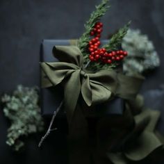 a present wrapped in green ribbon with red berries on it