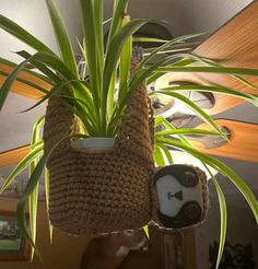 a crocheted bag hanging from a ceiling with a plant in it's mouth