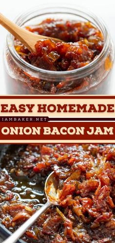 bacon jam in a glass jar with spoons on the side and text overlay that reads onion bacon jam