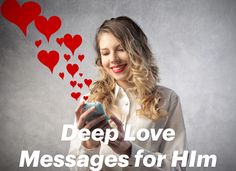 a woman holding a cell phone in her hands with hearts floating out of the screen