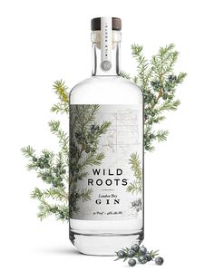 a bottle of wild roots gin on a white background with leaves and berries around it