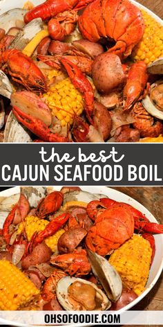 Text reads The Best Cajun Seafood Boil Recipe Easy Cajun Food Recipes, Crockpot Cajun Boil, Seafood Cajun Boil, Stovetop Seafood Boil, Recipes For Seafood Boil, Healthy Seafood Boil Recipes, Aldi Seafood Boil, Best Low Country Boil Recipe, Seafood Boil For 2