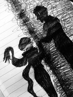 a drawing of two people standing next to each other on top of a piece of paper