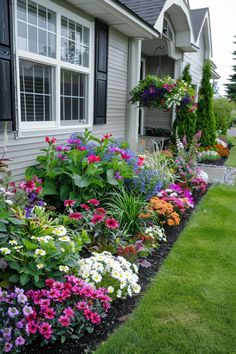 a flower bed in front of a house with lots of flowers growing out of it