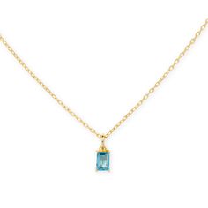 A dainty stone and delicate metallic chain are combined to create this Gold Pendant Necklace in bright blue topaz, your new favorite wear-anywhere accessory.   The birthstone for the month of December is Blue Topaz. This bright light blue gemstone brings energy to the wearer and symbolizes creativity.  Authentic natural blue topaz stone; Made of 14K gold plated sterling silver.   Hypoallergenic, nickel, and lead-free; Tarnish resistant. H2O sensitive. Recommend taking it off before taking shower. Blue Gemstone May Birthstone Necklace, Blue Birthstone Charm Necklace, Dainty Blue Birthstone Necklace For Everyday, Blue Charm Necklace With Delicate Chain For Everyday, Blue Dainty Jewelry With Cable Chain, Blue Charm Necklaces With Delicate Chain For Everyday, Blue Dainty Cable Chain Jewelry, Minimalist Blue Birthstone Necklace, Blue Topaz Minimalist Jewelry