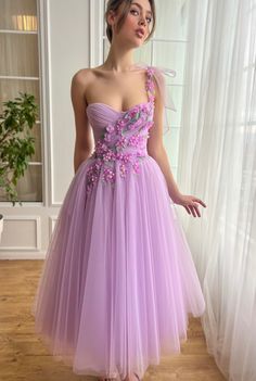 Pastel Formal Dresses, Petals Dress, Sage Green Leaves, Pale Sage Green, Pastel Violet, Purple Petals, Flowers In Bloom, Crystal Flowers, Prom Dress Inspiration