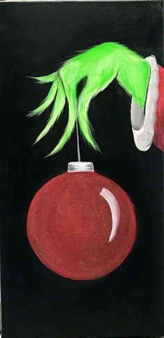 an acrylic painting of a santa hat and green hair holding a red ornament