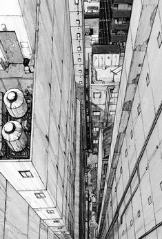 a pencil drawing of an alley between two buildings