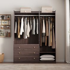 an open wardrobe with clothes hanging on it