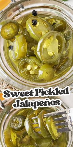 pickled jalapenos in a glass jar with a fork