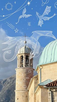 a building with a clock tower and stars in the sky above it is an artistic drawing