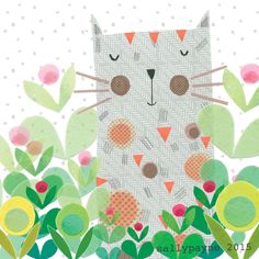 an illustration of a cat surrounded by flowers and plants with polka dots on the background