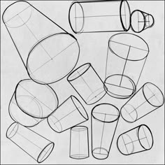 a bunch of different shapes and sizes of cups on a white paper sheet with black lines