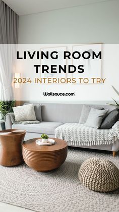 living room with couches, tables and rugs on the floor text overlay reads living room trend 2054 interiors to try