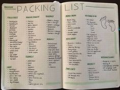 an open notebook with writing on it and the words packing list written in green ink