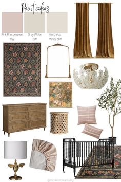 a collage of furniture and decor in shades of brown, pink, gold, and white