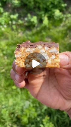 a hand holding a piece of food in it's left hand with trees in the background