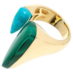 Elevate your jewelry collection with the Rarities Malachite and Composite Turquoise Gold-Plated Open Space Ring. This exquisite piece showcases a unique open space design, featuring a freeform malachite on one end and a composite turquoise on the other, set in lustrous gold-plated sterling silver.

- Material: Gold-plated sterling silver
- Stones: Freeform malachite (25x10mm) and composite turquoise (14x6mm)
- Dimensions: Approx. 15/16"L x 13/16"W x 3/8"H; Shank 3/16"W
- Color: Gold
- Gender: Fe Open Space Design, Space Ring, Space Rings, Turquoise Gold Ring, Contemporary Chic, Turquoise Stones, Plated Ring, Gold Plated Rings, Silver Material