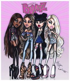 three girls in high heeled shoes with the word bratz written on top of them