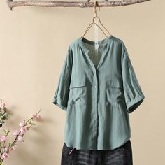 Women's V-Neck Mid-Sleeve Solid Single Breasted Cotton Linen Shirt Blouse with Pocket Spring V-neck Top With Roll-up Sleeves, Casual V-neck Blouse With Rolled Sleeves, Casual Long Sleeve V-neck Top For Summer, Green Relaxed Fit V-neck Blouse, Solid Color Short Sleeve V-neck Top For Fall, Fall V-neck Short Sleeve Top In Solid Color, Summer V-neck Shirt With Pockets, Green Half Sleeve Blouse For Summer, Green Cotton V-neck Blouse