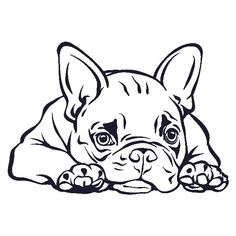 a black and white drawing of a dog laying on the ground with it's head resting