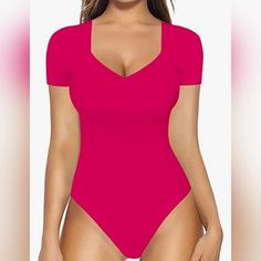 Nwt Sexy Mangopop Bodysuit....Full Coverage Bottom...Very Soft Material Summer Bodycon V-neck Bodysuit, Pink Fitted V-neck Bodysuit, V-neck Solid Color Bodysuit For Party, Solid Color Short Sleeve Bodysuit For Party, Stretch Solid Color V-neck Bodysuit, Trendy Fitted V-neck Swimwear, Fitted V-neck Bodysuit With Lined Body, Fitted V-neck Lined Bodysuit, Pink Stretch Bodysuit With Short Sleeves