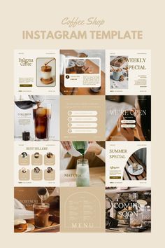 the coffee shop instagramm template is shown in multiple colors and sizes, with different items