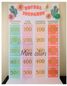 a wedding game board with the numbers 100 and 500 in gold, green, pink, and orange