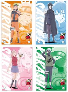 four anime characters with different colored background