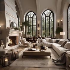 an elegant living room with large windows and white couches in front of a fireplace