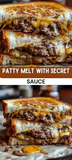 two pictures of a grilled cheese sandwich with the words patty melt with secret sauce