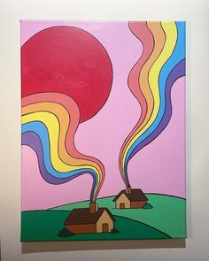 a painting on the wall of a house with a hot air balloon in the sky