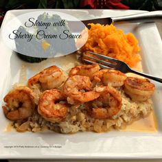 shrimp and rice on a white plate with a fork