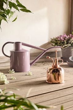 a metal watering can with a pink handle next to it on a wooden table near potted plants