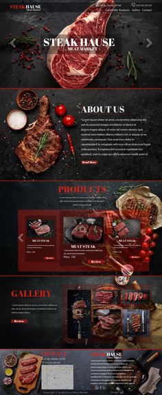 the menu for steak house is shown in red, black and white colors with an image of