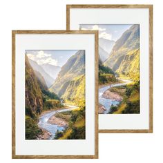 two framed photographs of mountains and a river in the foreground, one with water running through it