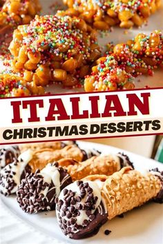 italian christmas desserts with chocolate and sprinkles on the top, including pretzels