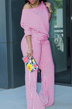 Color: Red, Size: L Outfit Retro, Striped Two Piece, Short Pant, Design Dresses, Trendy Summer Outfits, Top Pants Set, Casual Stripes, African Design, Collar Blouse