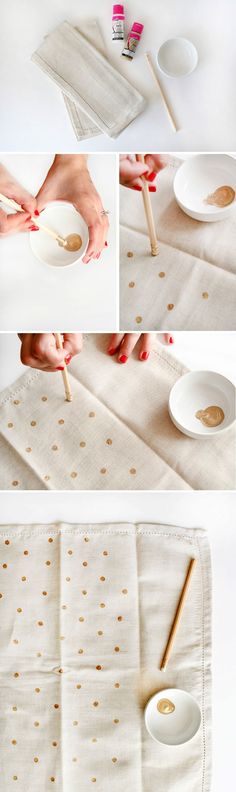 the process to make a diy polka dot placemat with gold dots on it