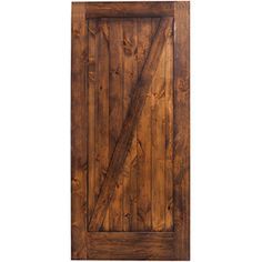 an open wooden door with black hardware on the top and bottom, against a white background