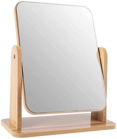 a wooden stand holding a large mirror on it's back end, with a white background