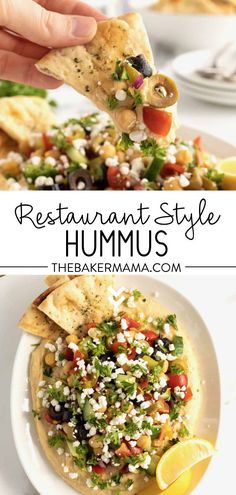 a hand holding a tortilla with hummus on it and the words restaurant style hum