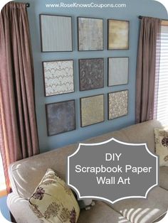 a couch sitting in front of a window with pictures on the wall behind it and text overlay that reads diy scrapbook paper wall art