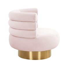 a pink and gold chair with four stacks on it's back, in front of a white background